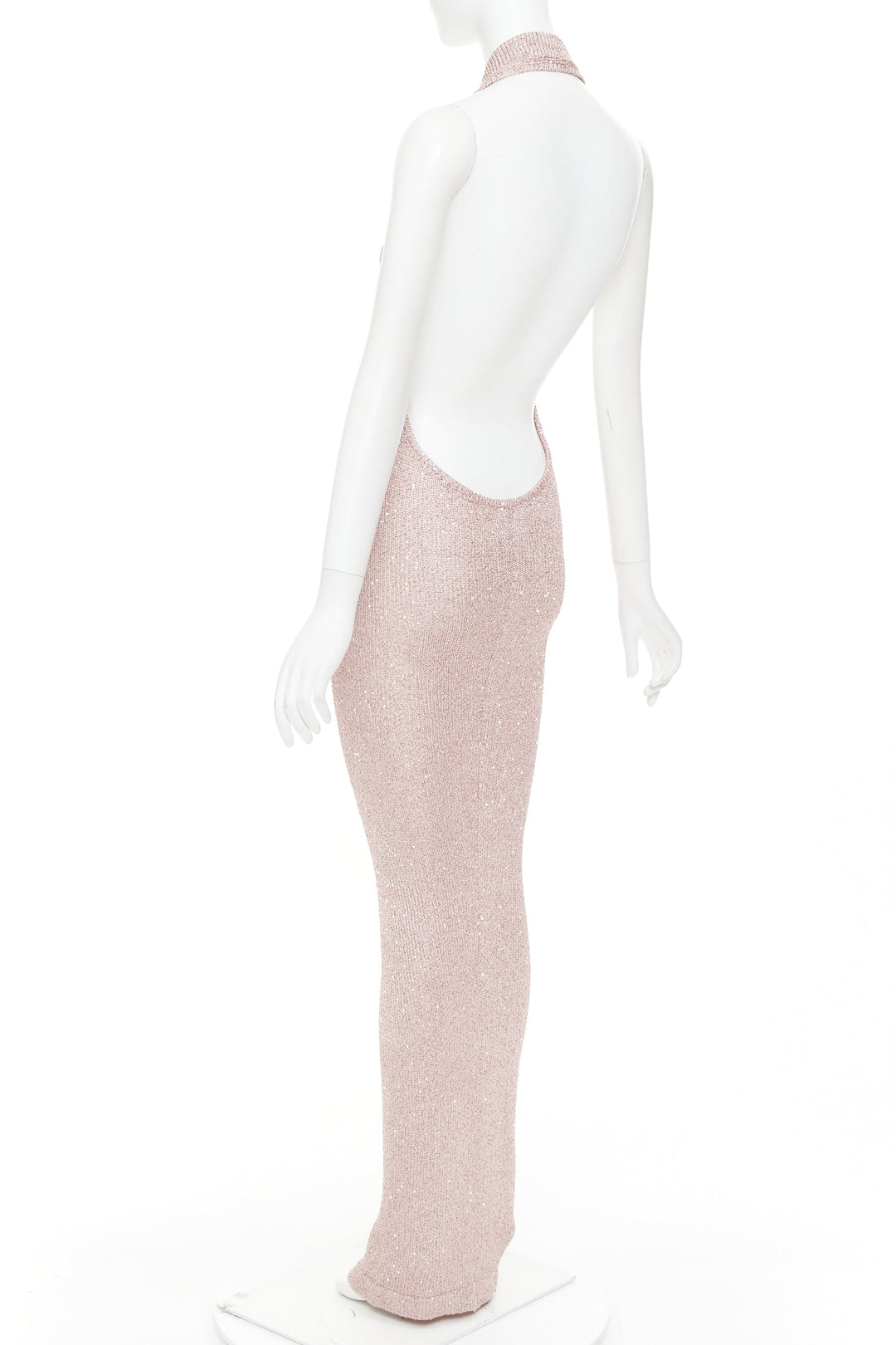 ALEXANDRE VAUTHIER metallic pink sequinned knitted halter backless gown dress