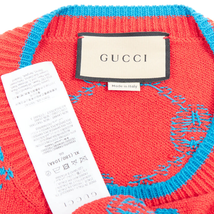 GUCCI red blue cotton blend GG monogram intarsia sweater XL