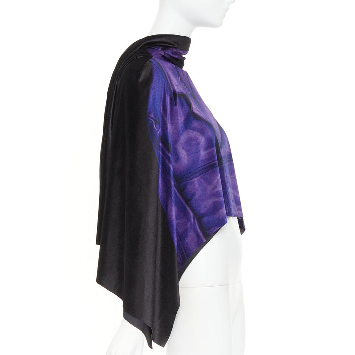 LOEWE 2022 Runway black purple Trompe Loeil print open draped cape top FR36 S