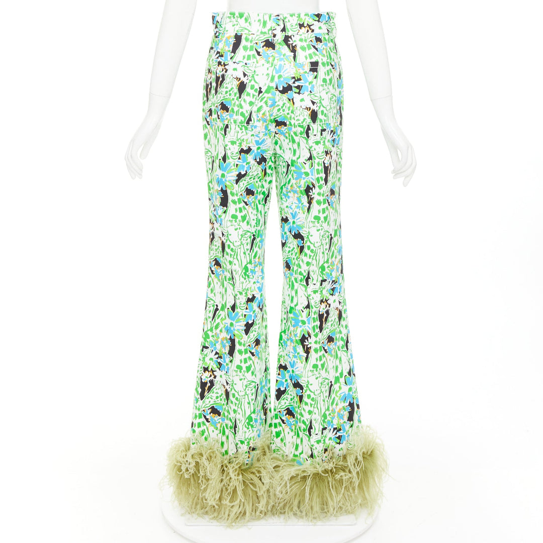 MIU MIU 2018 Runway green multi giraffe print feather hem flared pants IT40 S