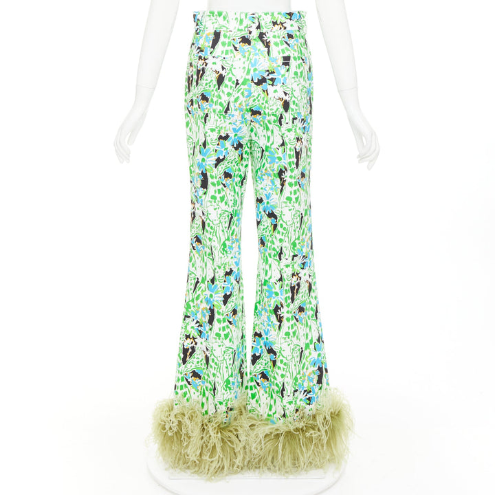 MIU MIU 2018 Runway green multi giraffe print feather hem flared pants IT40 S