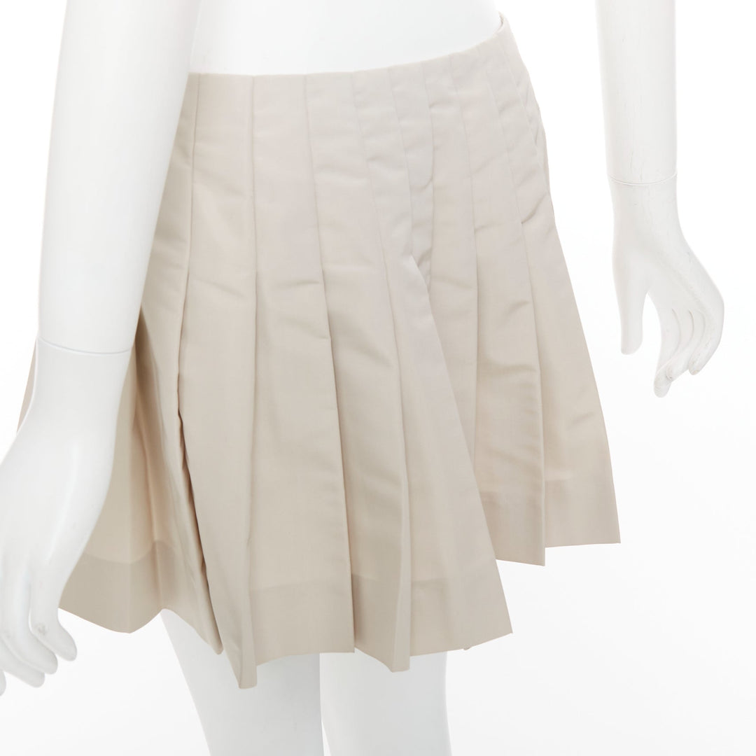 PRADA 2010 Vintage grey silk blend pleated leather buckles mini skirt IT42 M