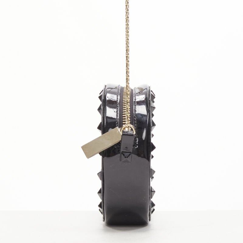 VALENTIN Rockstud black patent leather studded gold chain circle crossbody bag