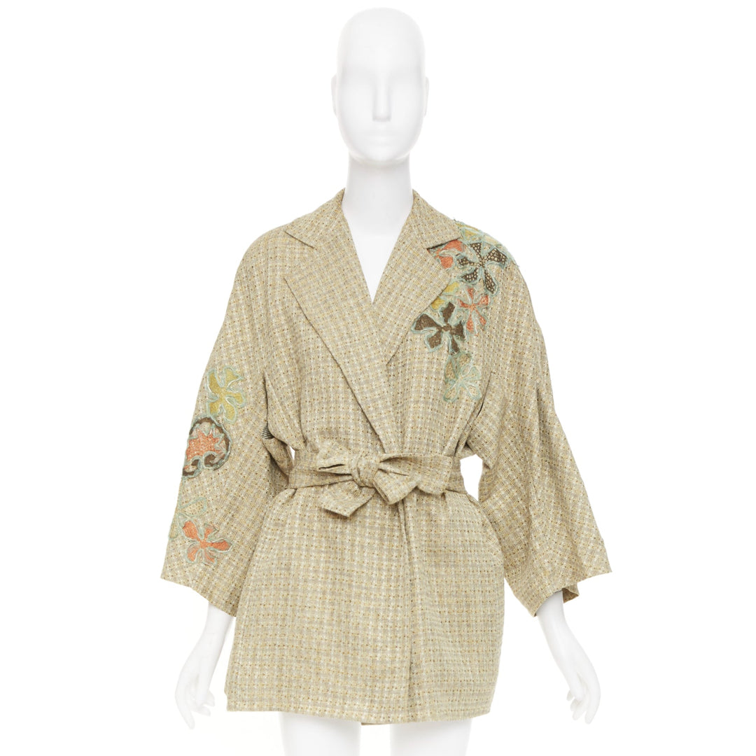 CHRISTIAN LACROIX Vintage gold tweed floral embroidered belted jacket FR42 L