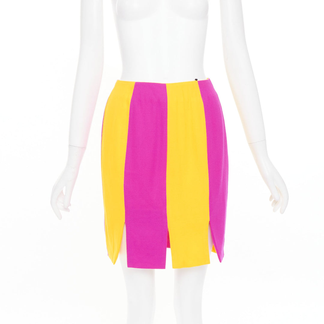 TAHARI Vintage yellow fuchsia block tiered blazer skirt suit set US 6 M