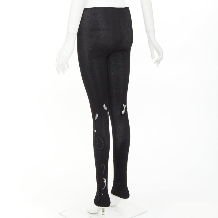 CHLOE 100% silk black lace embroidery cutout applique ribbed leggings XS