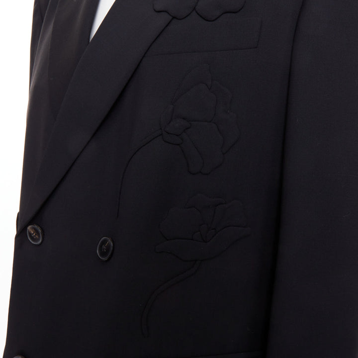 VALENTINO black floral applique double breasted virgin wool blazer jacket IT46 S