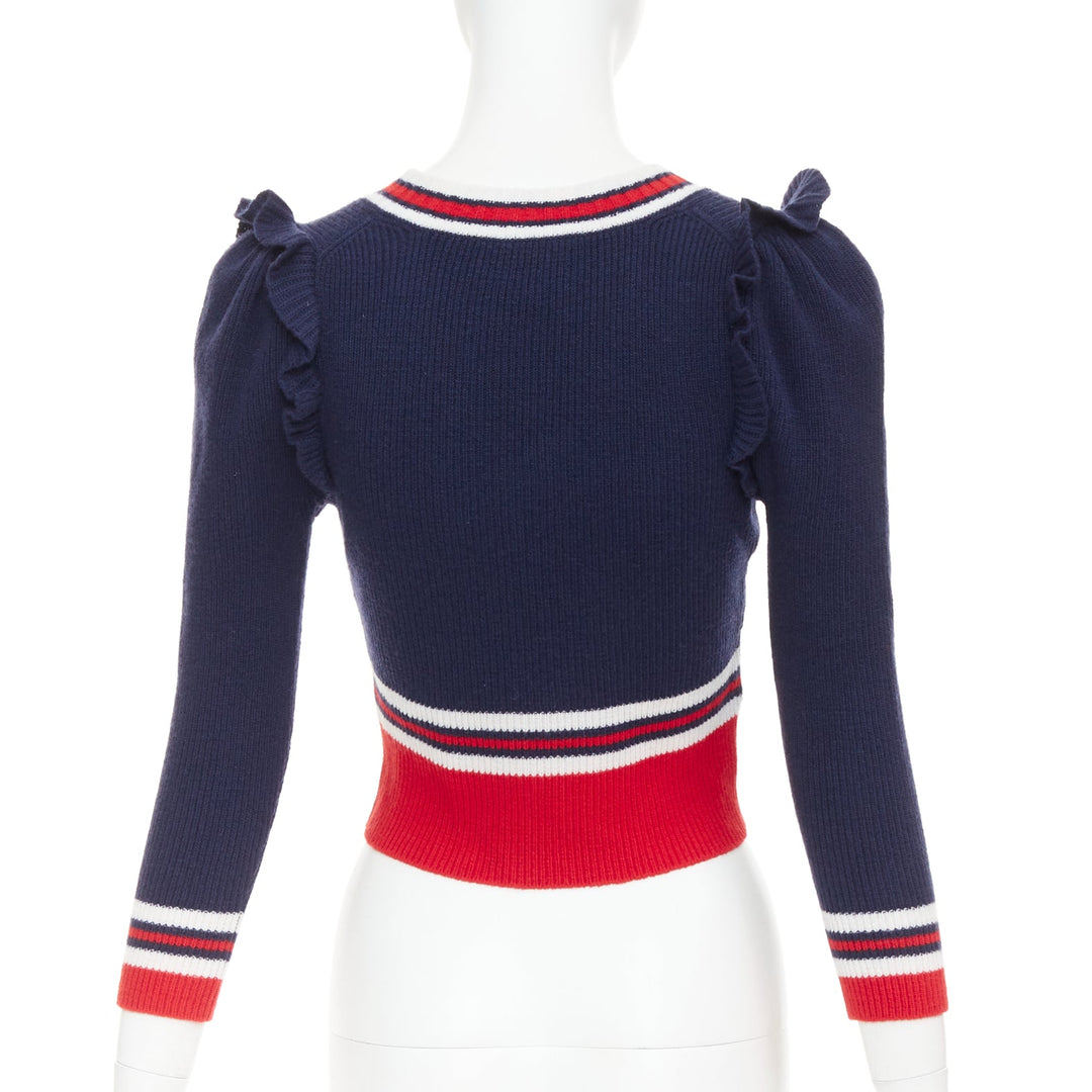 GUCCI 2017 Runway navy red ruffled shoulder cropped V-neck striped sweater XS