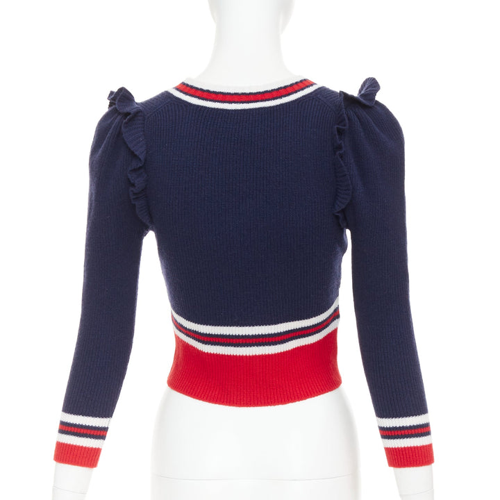 GUCCI 2017 Runway navy red ruffled shoulder cropped V-neck striped sweater XS
