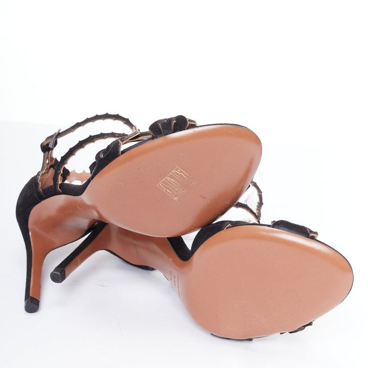ALAIA black laser cut scalloped suede T bar high heel sandals EU35.5