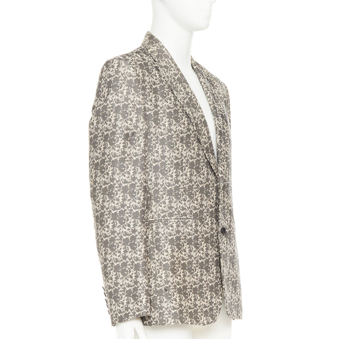 JOHN GALLIANO beige cotton blend grey floral jacquard tapestry blazer EU50 L