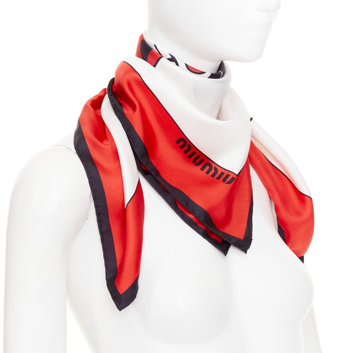 MIU MIU 2020 Disney Minnie Mouse red white black silk twill logo cartoon scarf