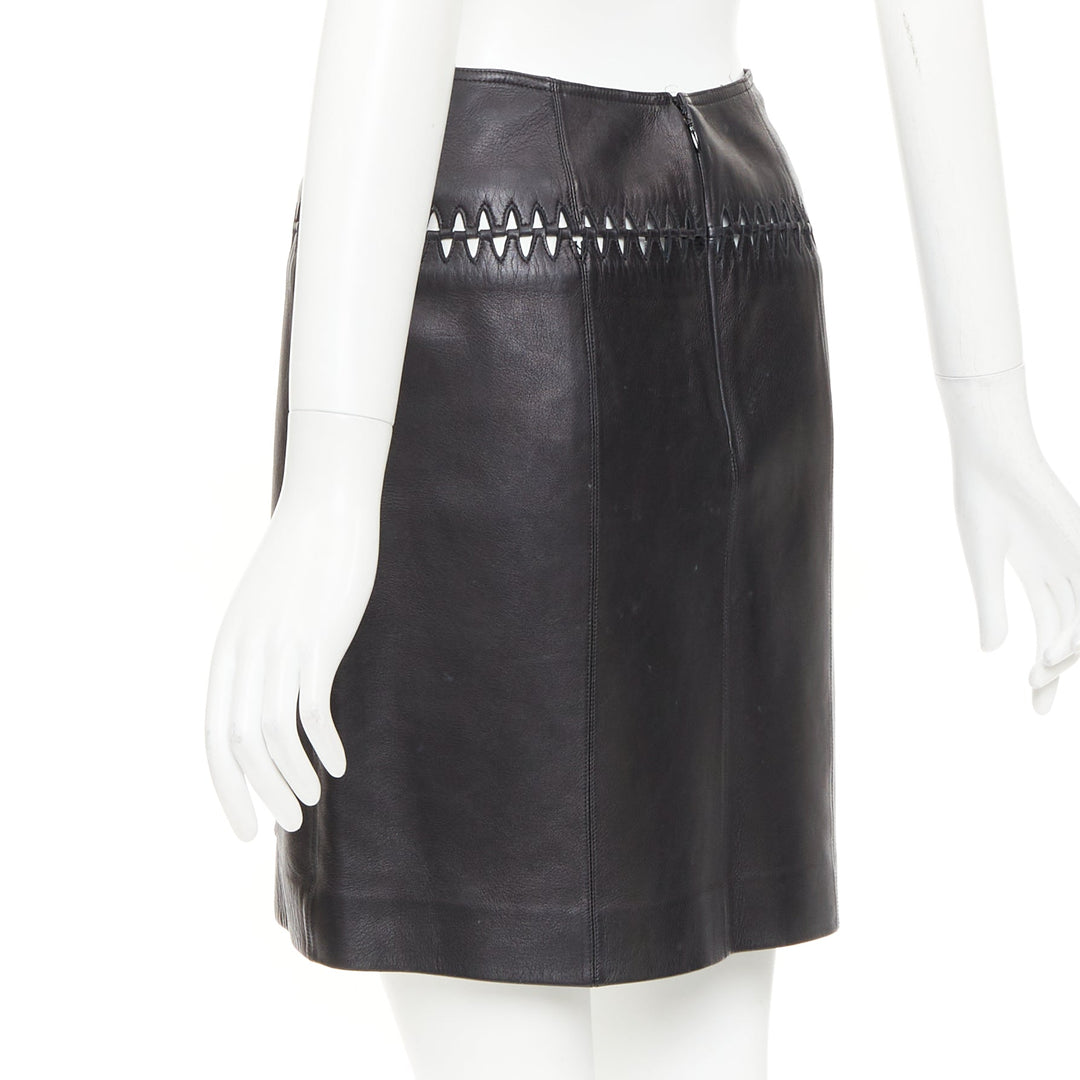 ALAIA black lambskin leather topstitched geometric cut out pencil skirt FR40 L