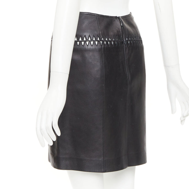 ALAIA black lambskin leather topstitched geometric cut out pencil skirt FR40 L