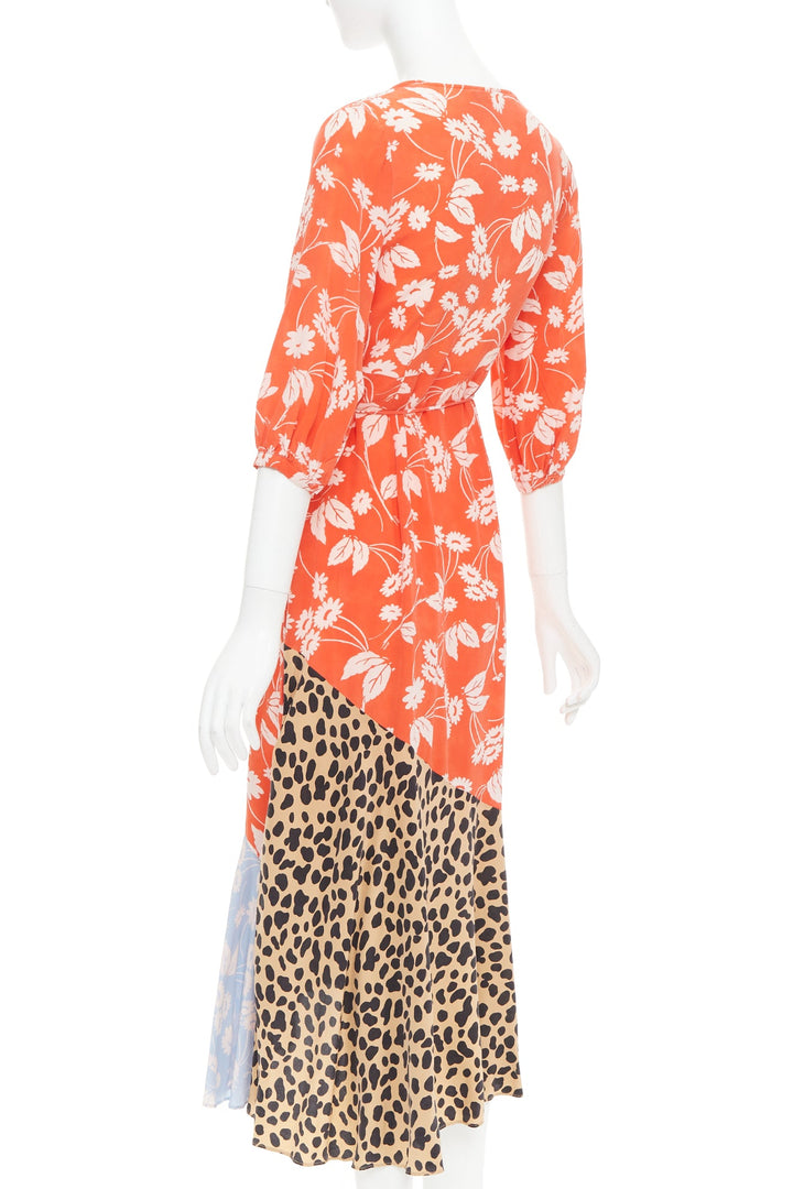 RIXO Noleen 100% silk coral red leopard floral print patchwork wrap dress S