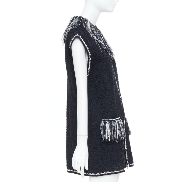 CHANEL 17P Runway ribbon trim fringe tweed sleeveless gilet vest jacket FR38 M
