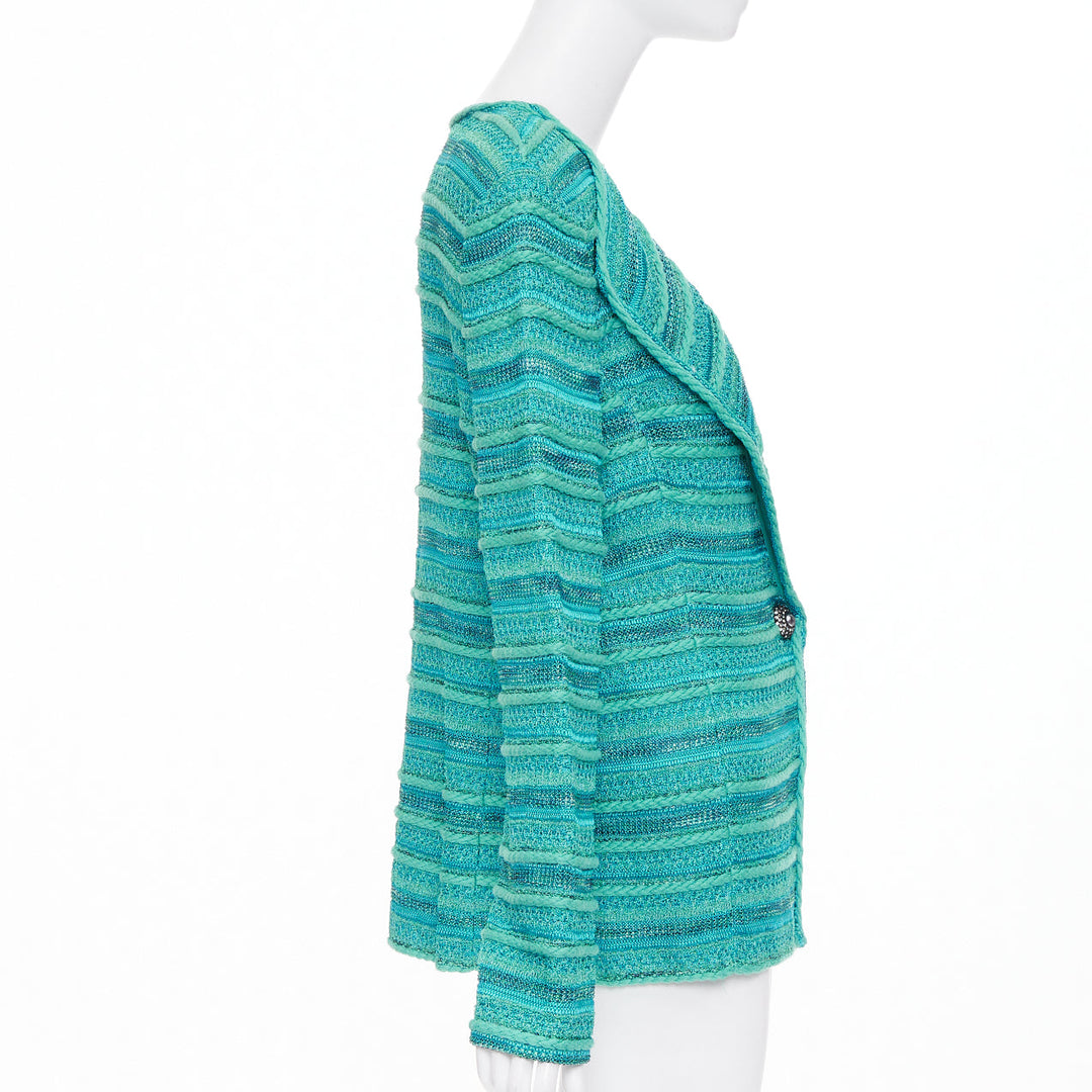 ST JOHN COUTURE turquoise blue multi knit strass button cardigan US14 3XL