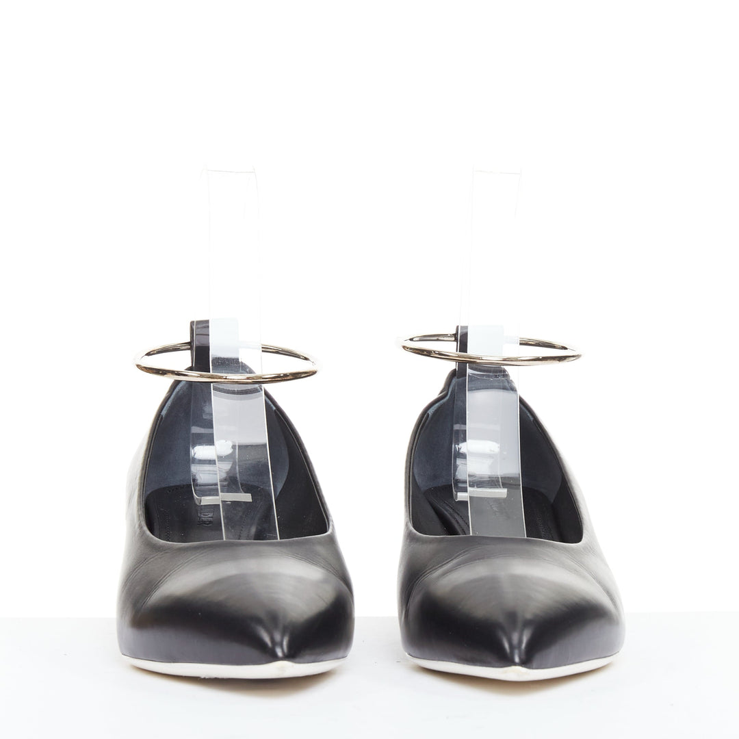 JIL SANDER black leather matte silver cylinder heel anklet ring pumps EU37
