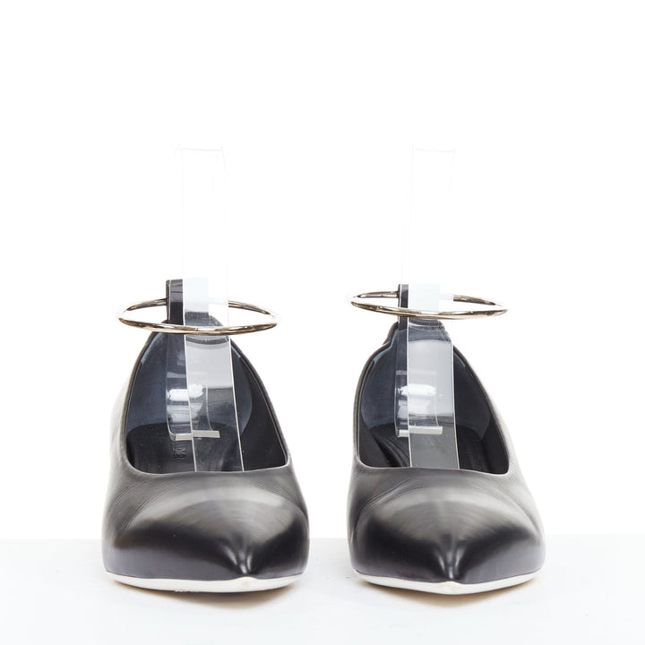JIL SANDER black leather matte silver cylinder heel anklet ring pumps EU37