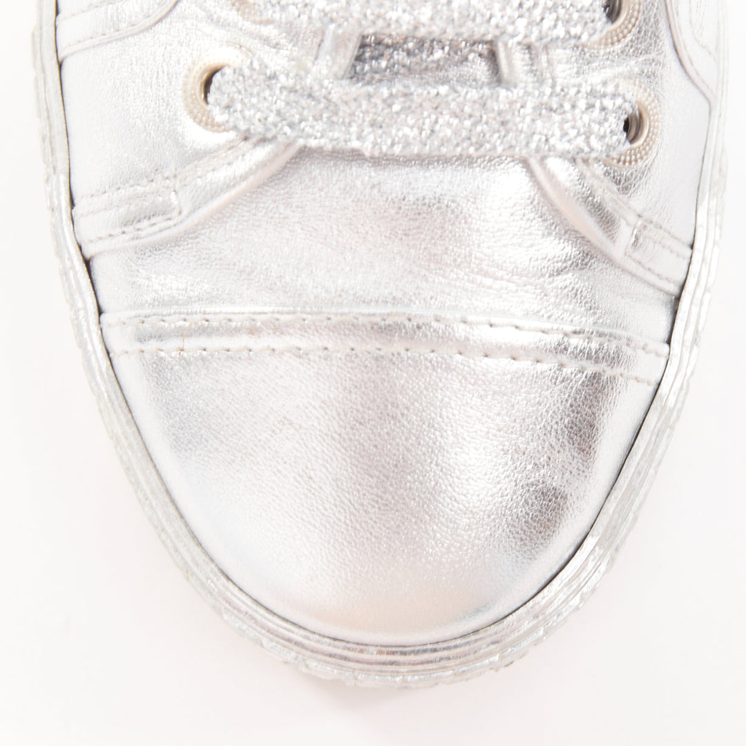 CHANEL 2017 metallic silver leather glitter lace up low top sneakers EU38.5