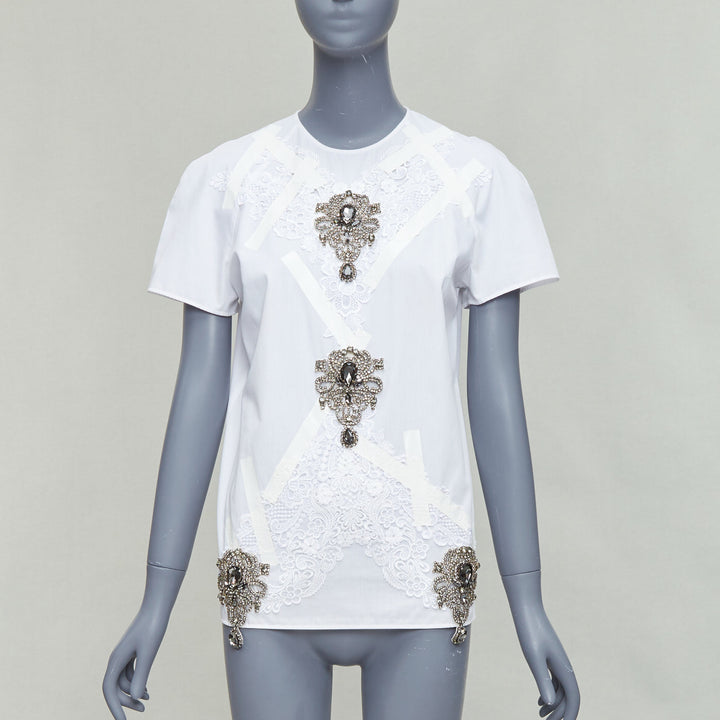 CHRISTOPHER KANE 2013 Vintage white silver jewel lace tape embellished top