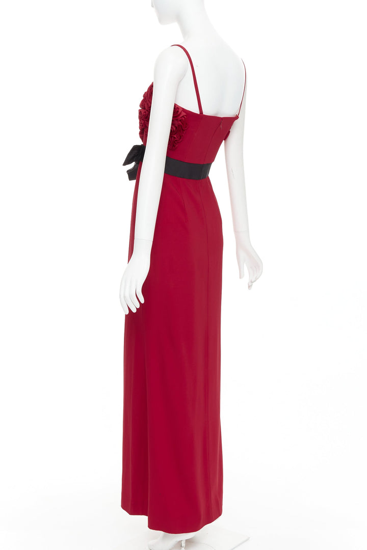 VALENTINO red Rosette ruffle boned bust black bow belt midi gown IT40 S