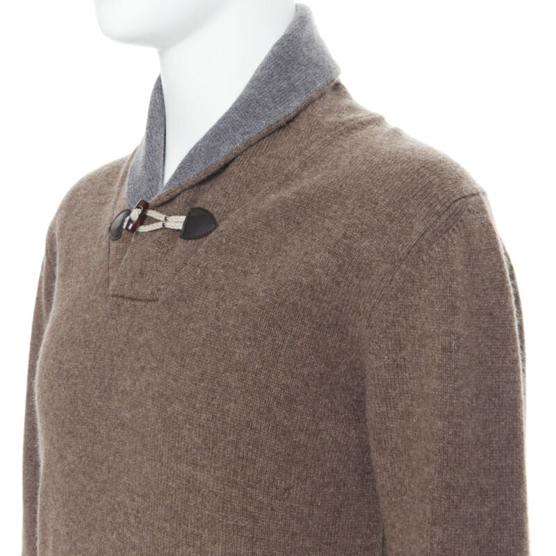 HACKETT Merino Cashmere brown grey shawl collar toggle pullover sweater XS
