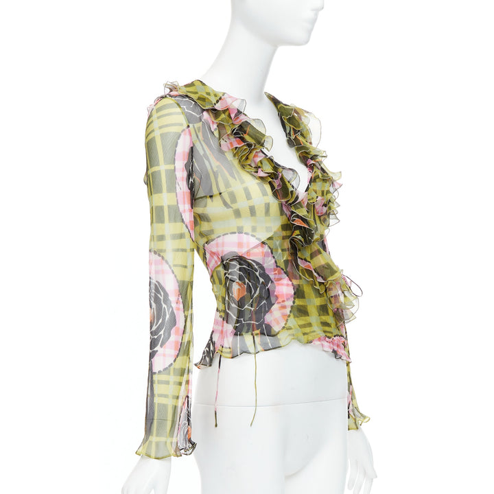 CHRISTIAN DIOR Galliano Vintage 2002 green pink silk ruffle wrap blouse FR36 S