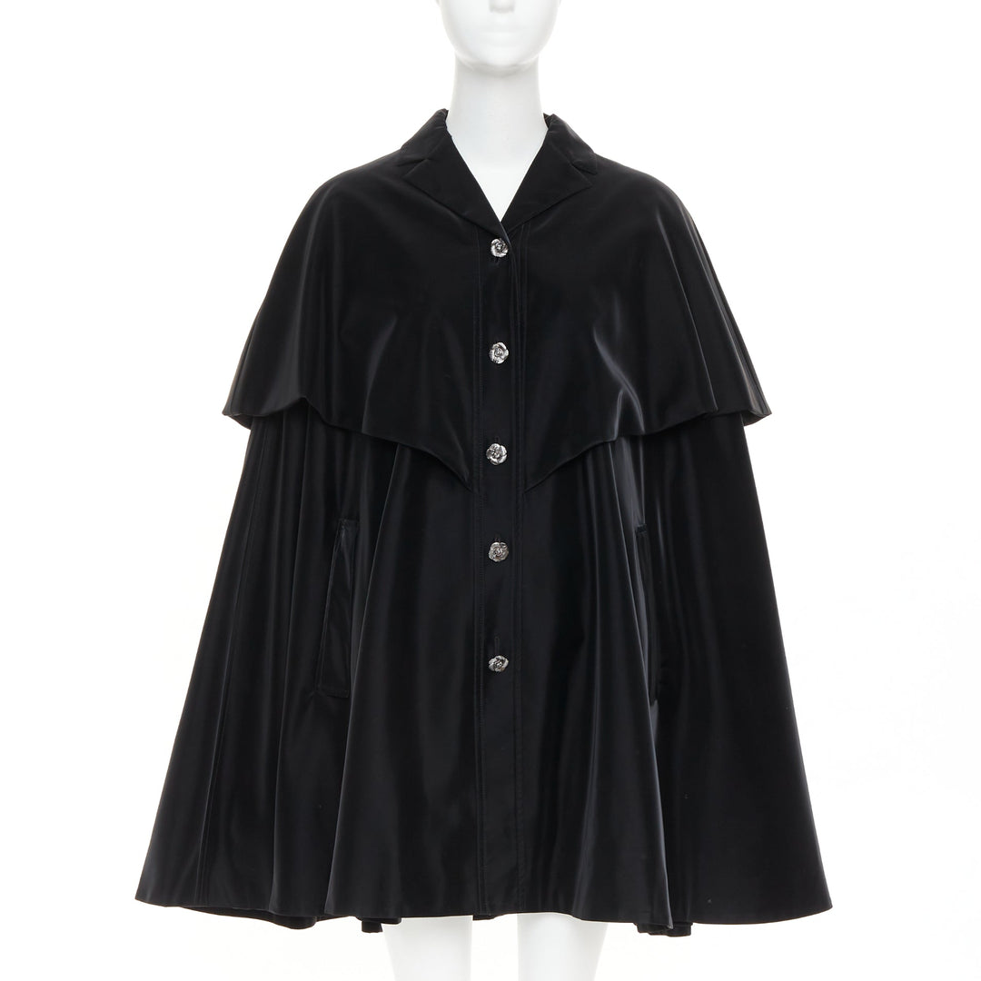 CHANEL 23K Runway black Camellia button cape overlay fluid parka coat FR38 M