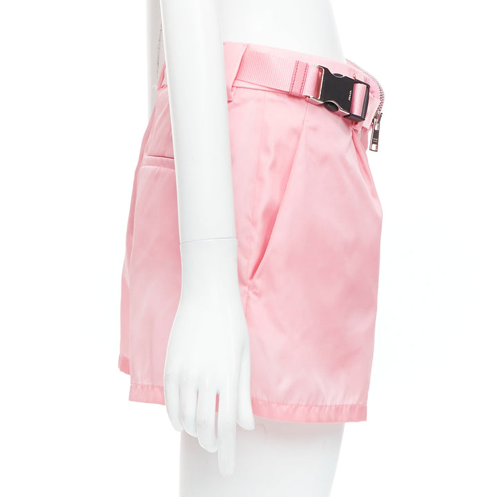 PRADA 2021 Re-Nylon pink triangle logo mini pouch high waist shorts IT38 XS