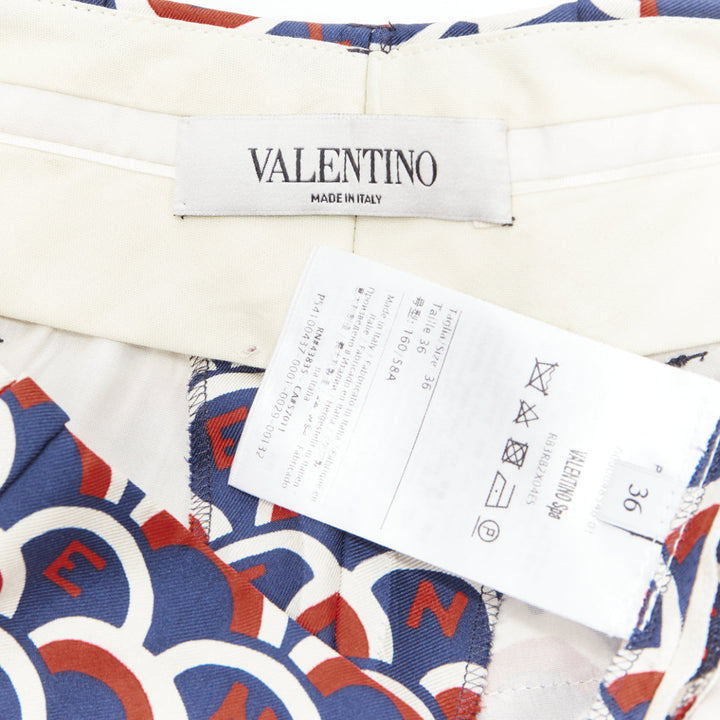 VALENTINO 100% silk  scallop print logo print navy red flared pants IT36 XXS
