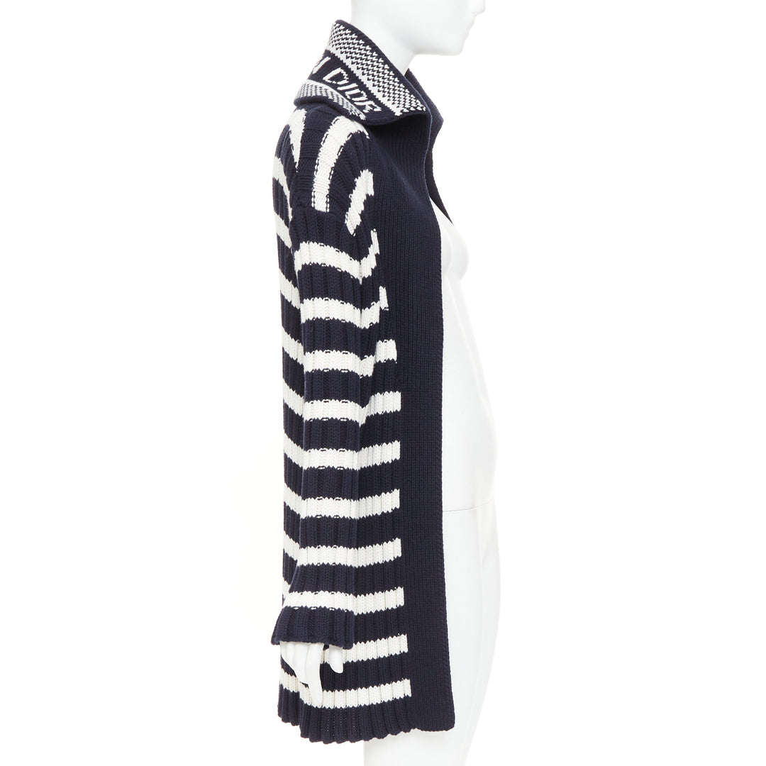 DIOR navy white cotton cashmere logo intarsia back neck striped cardigan FR34 XS