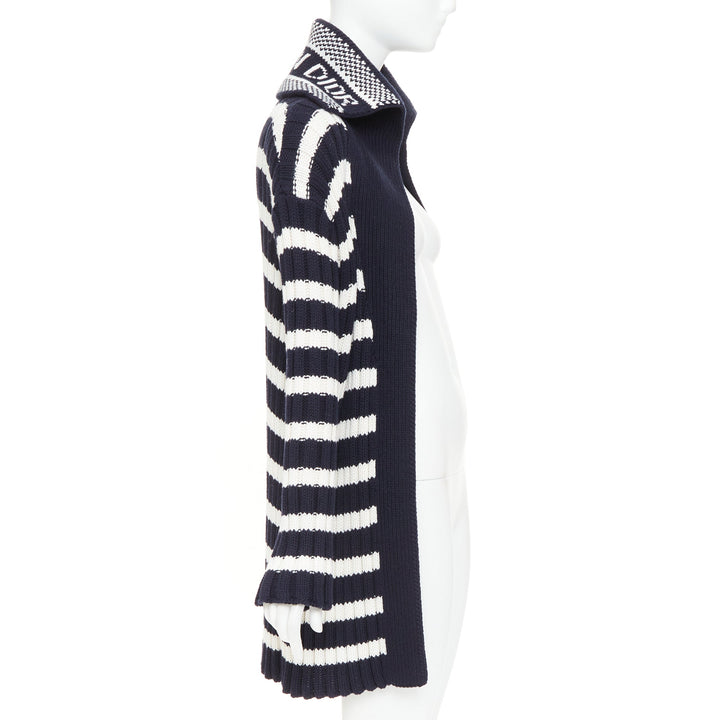 DIOR navy white cotton cashmere logo intarsia back neck striped cardigan FR34 XS