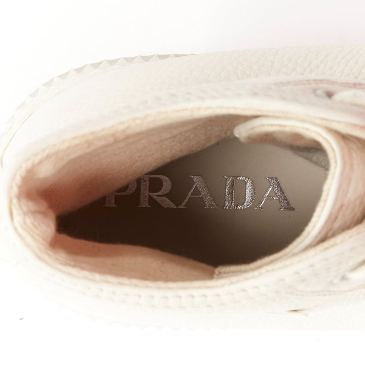 PRADA white textured leather black triangle logo high top sneakers UK7 EU40