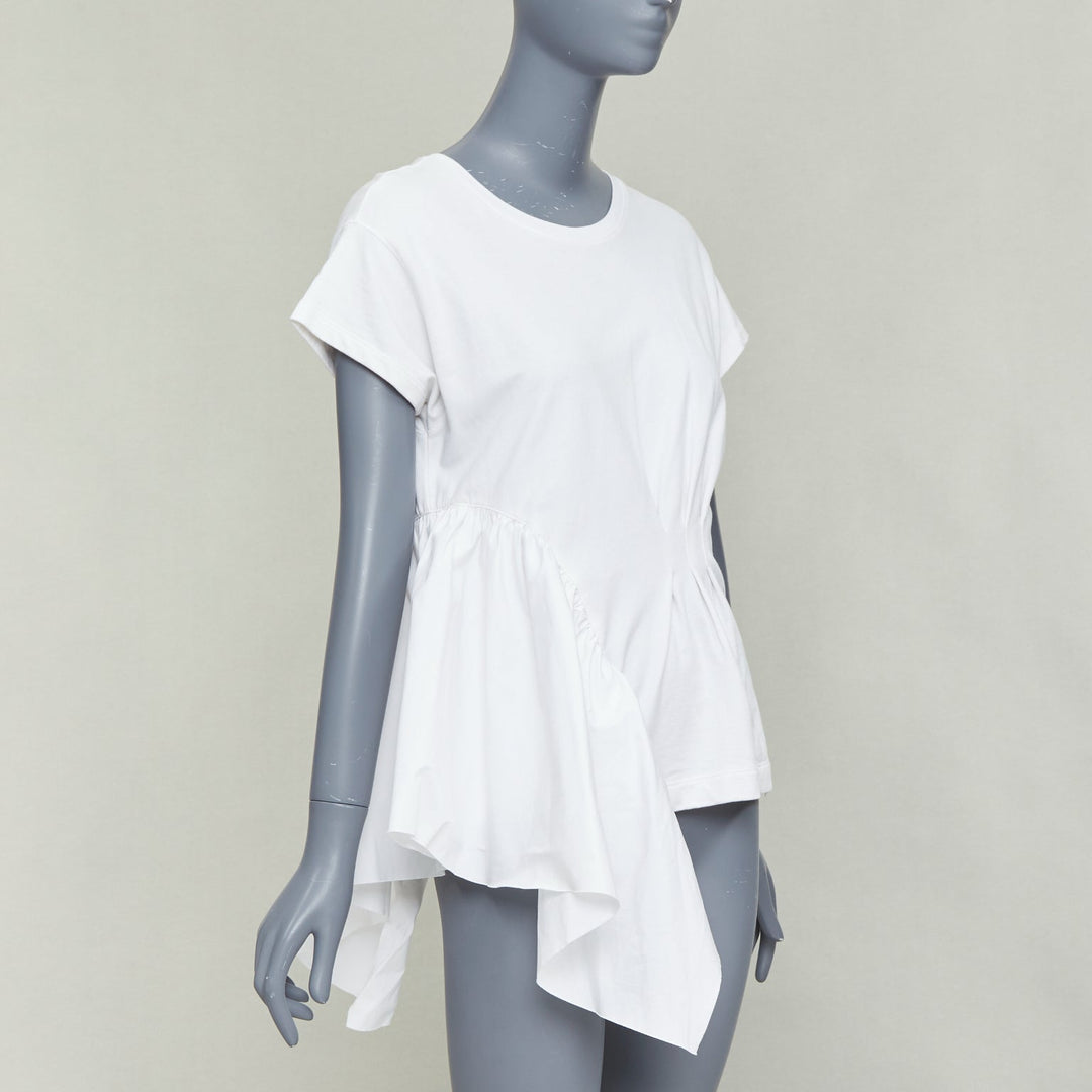 DRIES VAN NOTEN white cotton ruffle side ribbed neck fitted tshirt XS