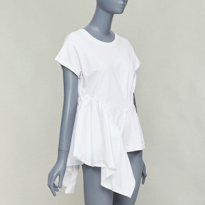 DRIES VAN NOTEN white cotton ruffle side ribbed neck fitted tshirt XS