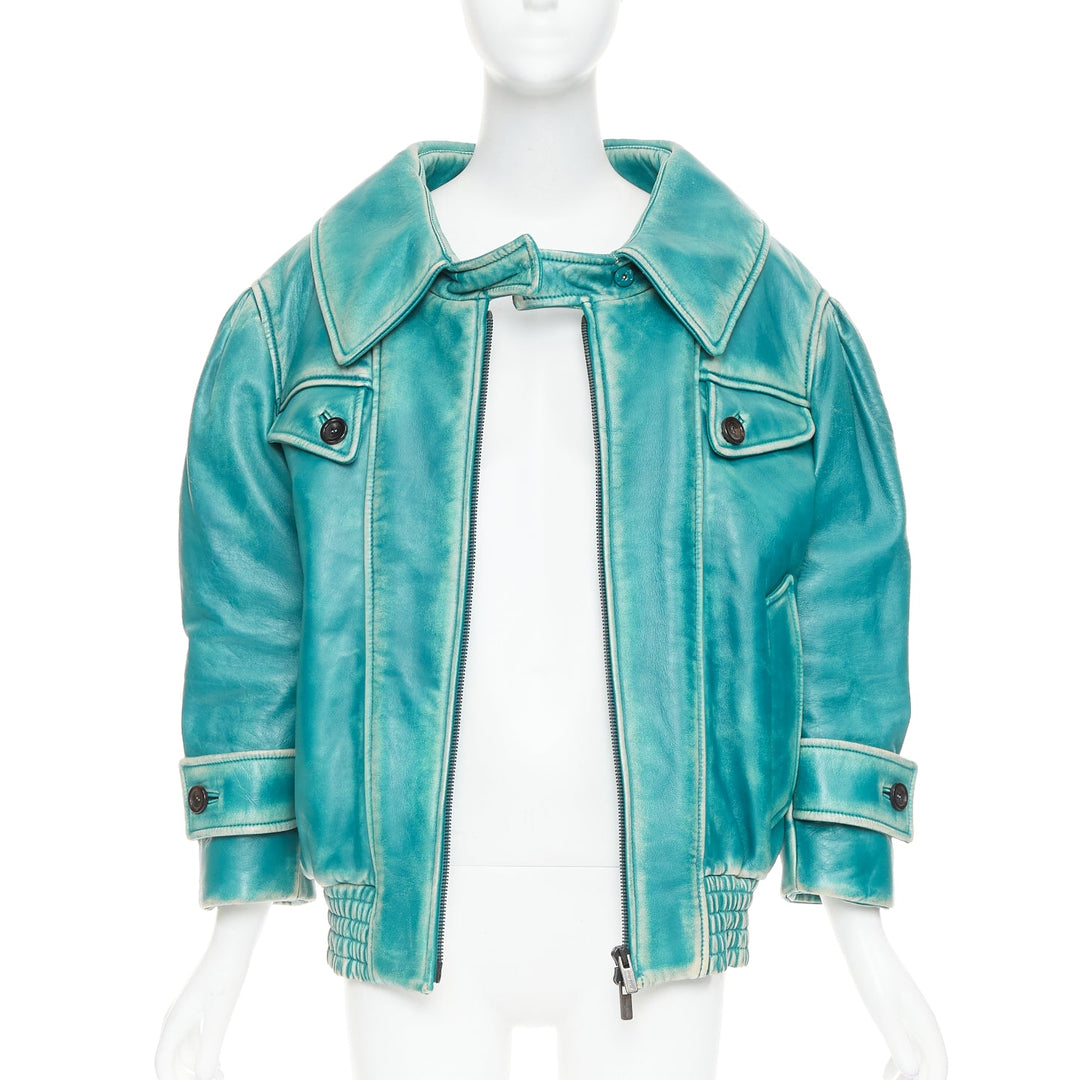 rare MIU MIU 2018 Runway green wash distress lambskin oversized jacket IT36 XXS