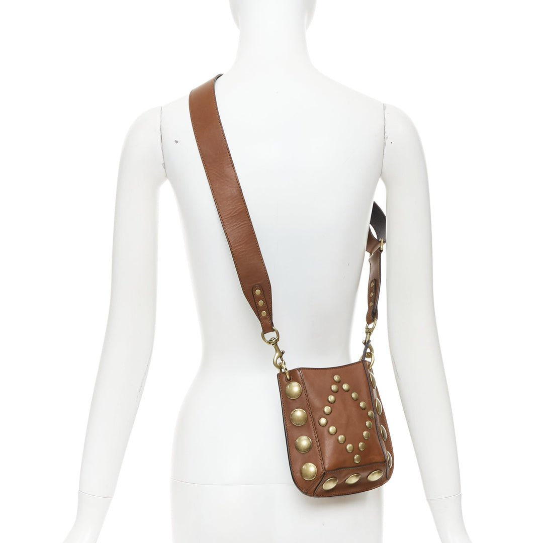 ISABEL MARANT Nasko brown leather gold round studs crossbody hobo bag