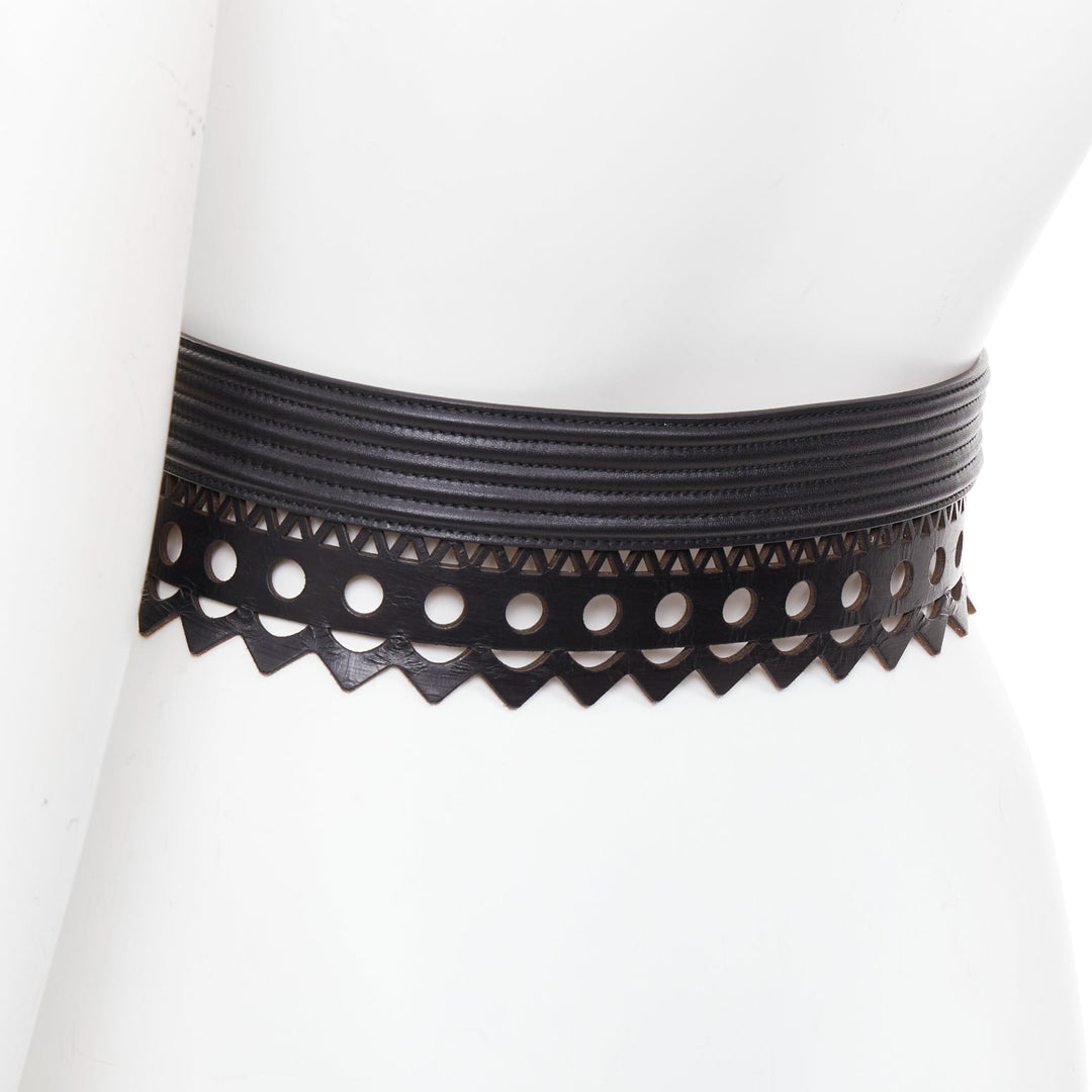 ALAIA Vienne black leather laser cut scalloped  wide waist belt 65cm