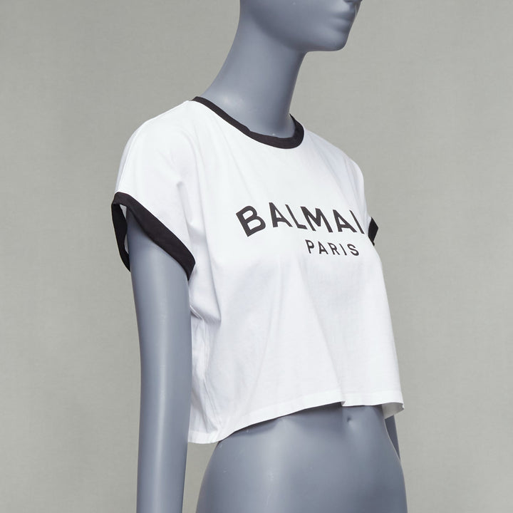 BALMAIN white cotton black big logo cropped ringer tshirt XS