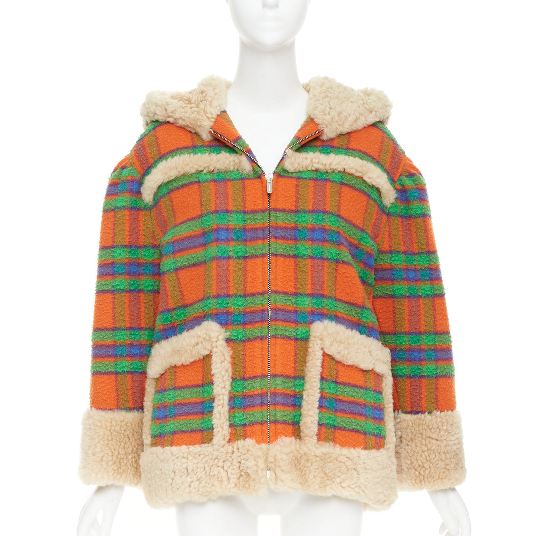 MIU MIU 2020 Plaid Casentino Shearling orange green fur trim boxy jacket IT38 XS