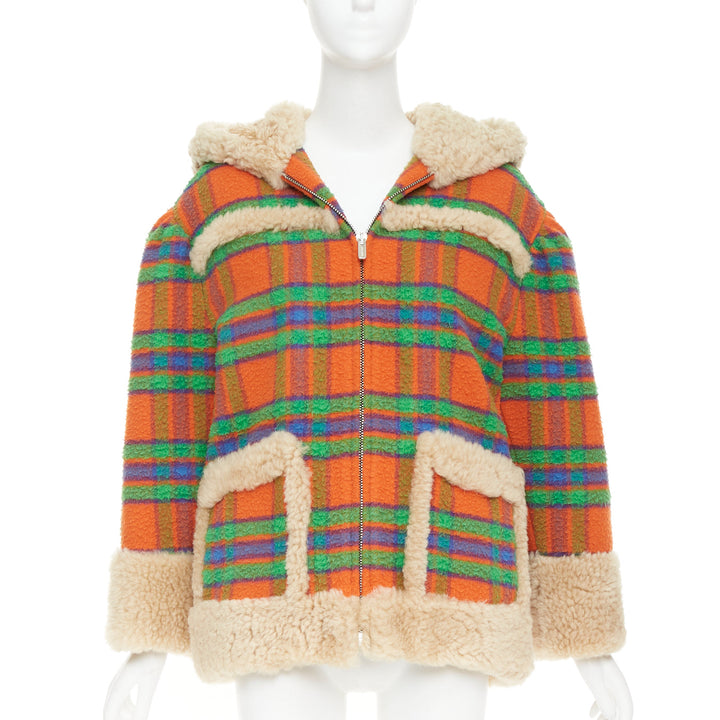 MIU MIU 2020 Plaid Casentino Shearling orange green fur trim boxy jacket IT38 XS