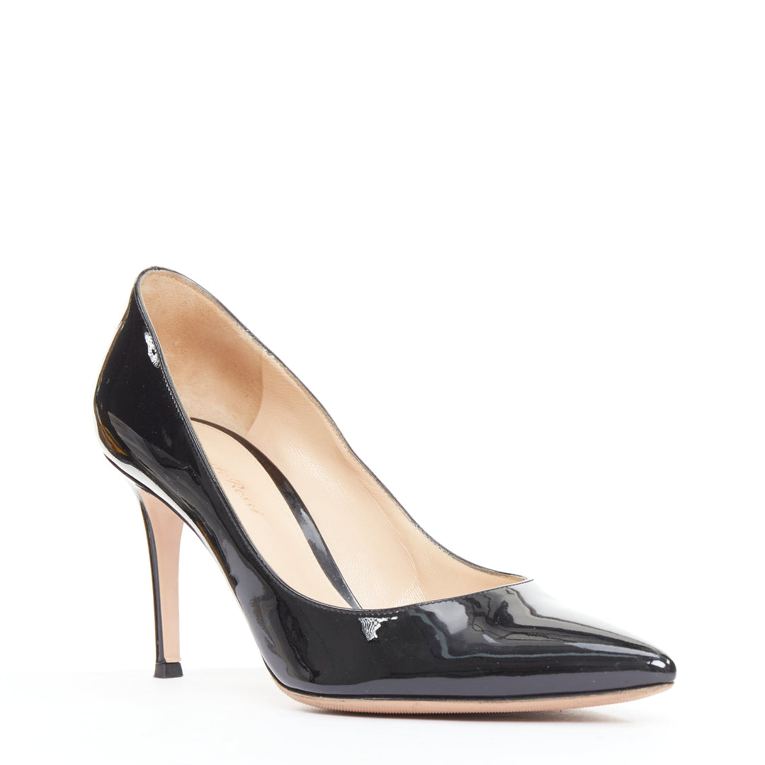 GIANVITO ROSSI black patent leather pointy toes stiletto heel pumps EU39.5
