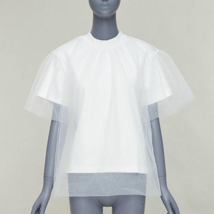 SHUSHU TONG Tulle white cream mesh overlay crew neck short sleeve tshirt UK6 XS