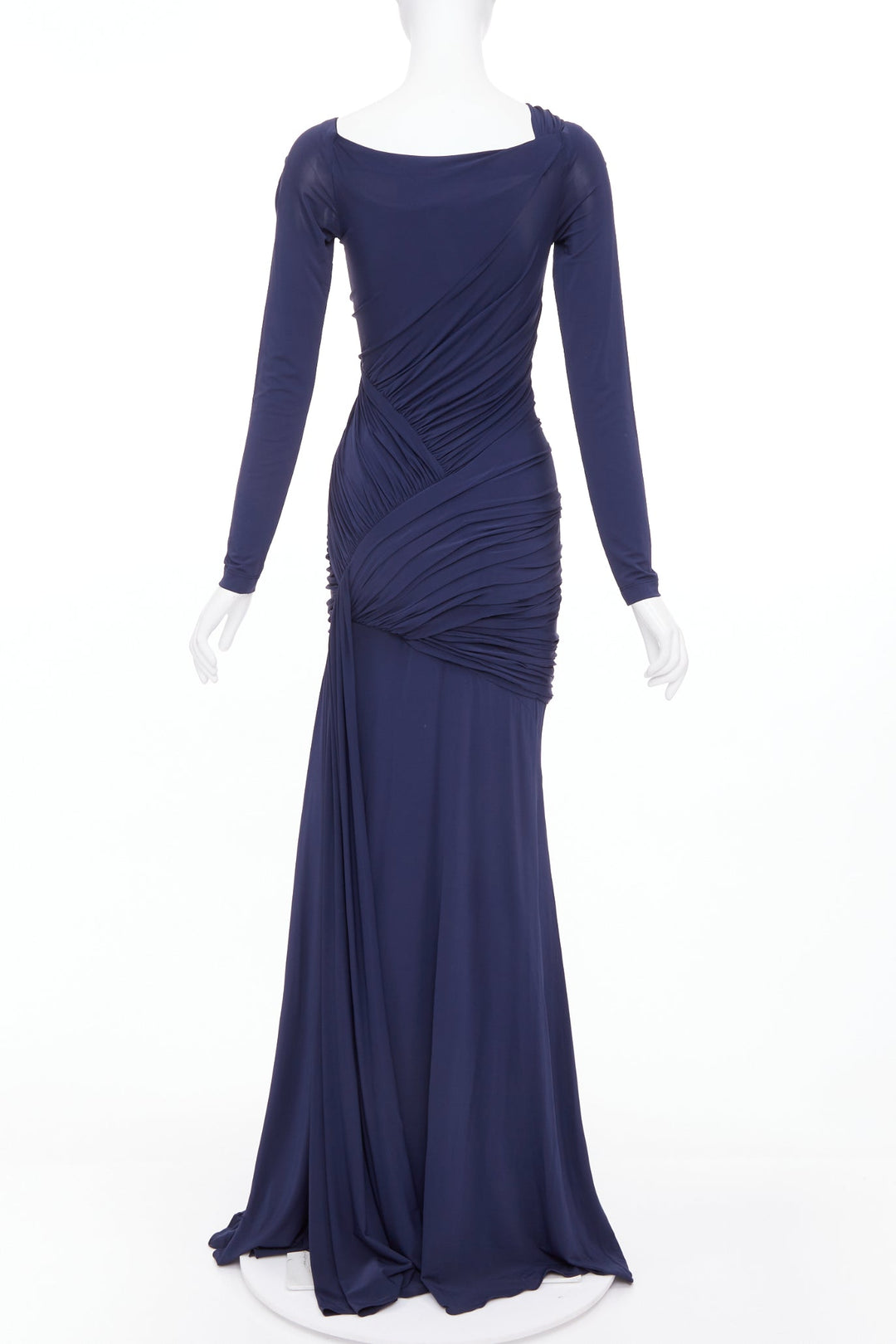 DONNA KARAN navy cold shoulder lunge neck draped grecian gown dress L
