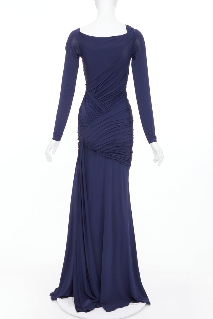 DONNA KARAN navy cold shoulder lunge neck draped grecian gown dress L