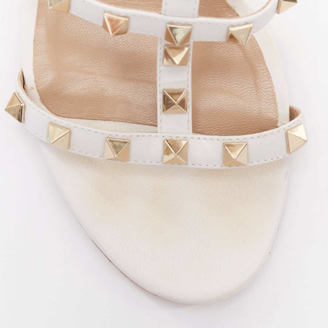 VALENTINO Rockstud 60 white leather gold stud caged block sandals EU39