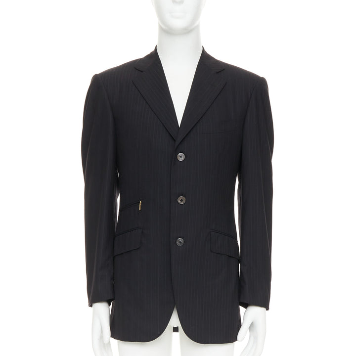 ZILLI PARIS black 100% wool pinstripe 3 buttons zip pocket blazer FR48 M