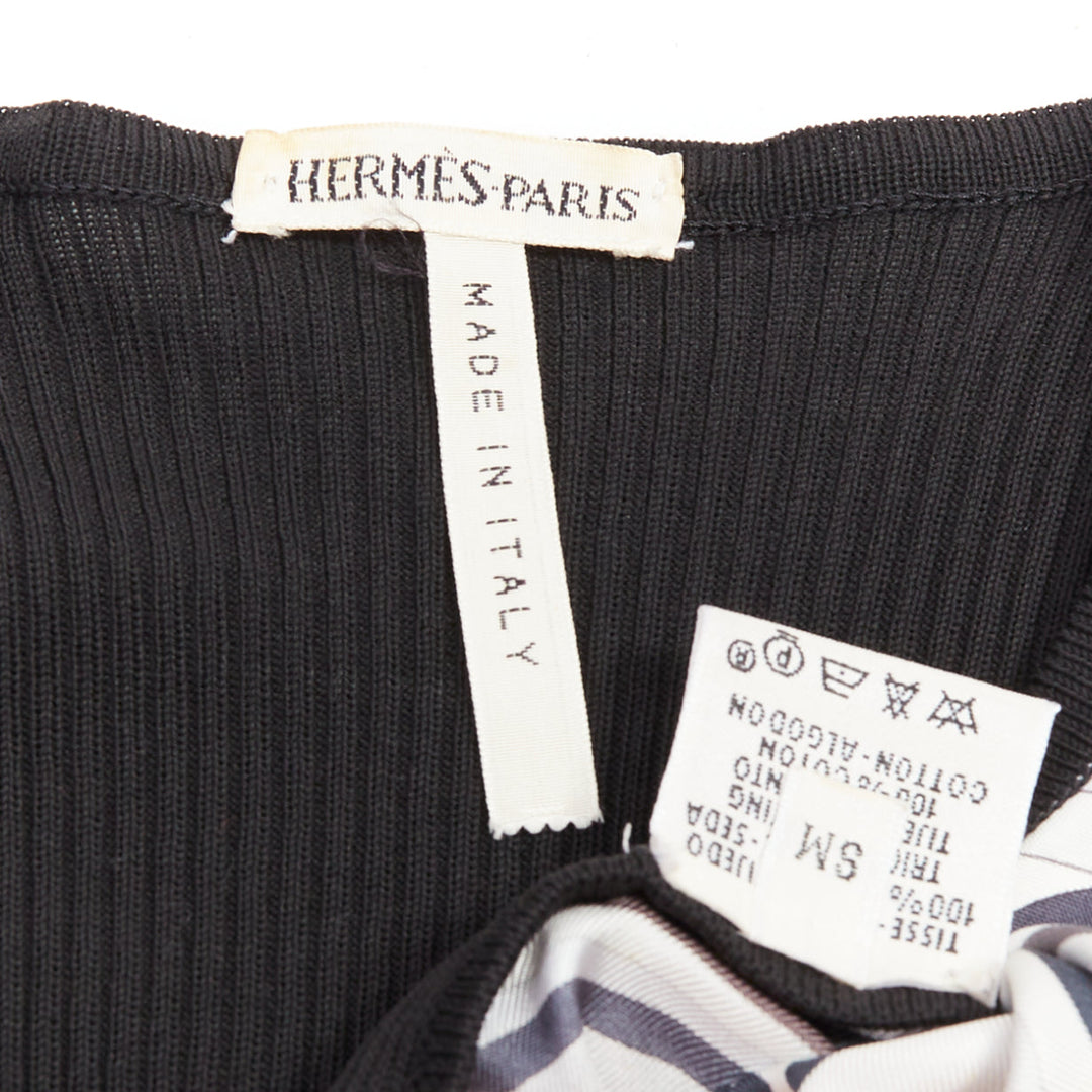 HERMES cream black 100% silk scarf panel cotton ribbed cardigan S