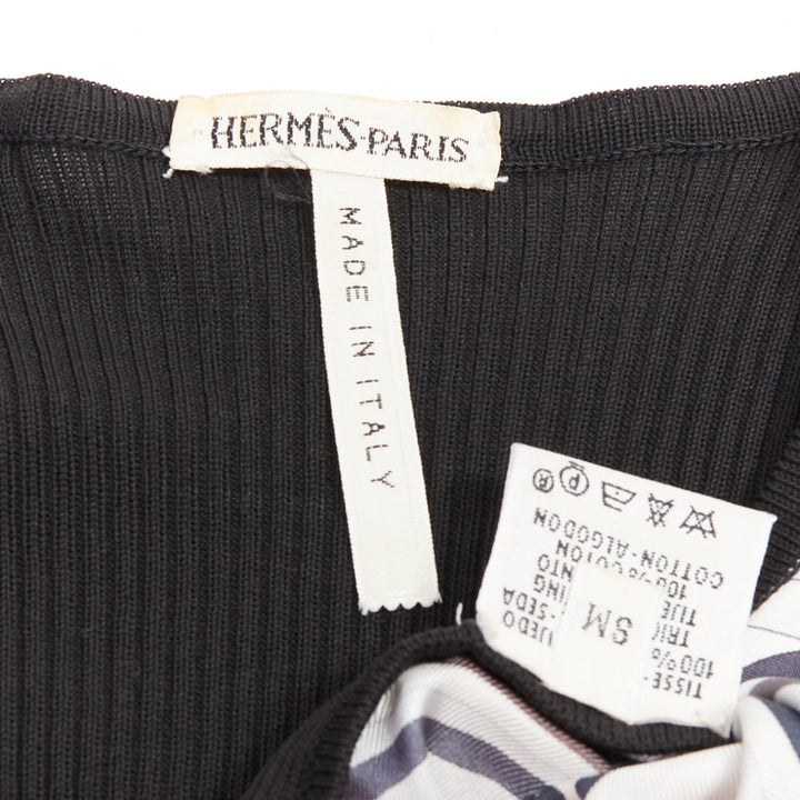 HERMES cream black 100% silk scarf panel cotton ribbed cardigan S